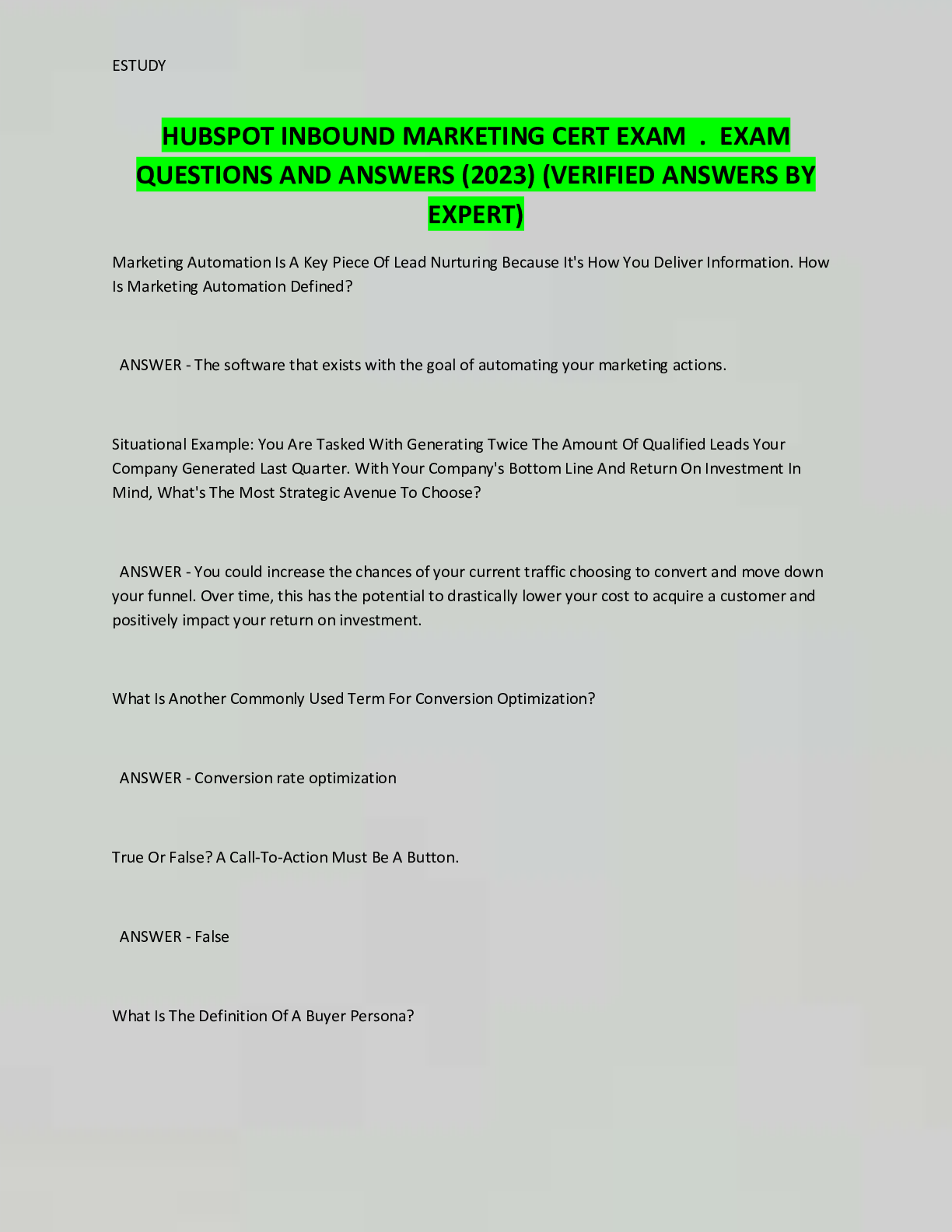 Preview image for HUBSPOT INBOUND MARKETING CERT EXAM . EXAM  QUESTIONS AND ANSWERS (2023) (VERIFIED ANSWERS BY  EXPERT)